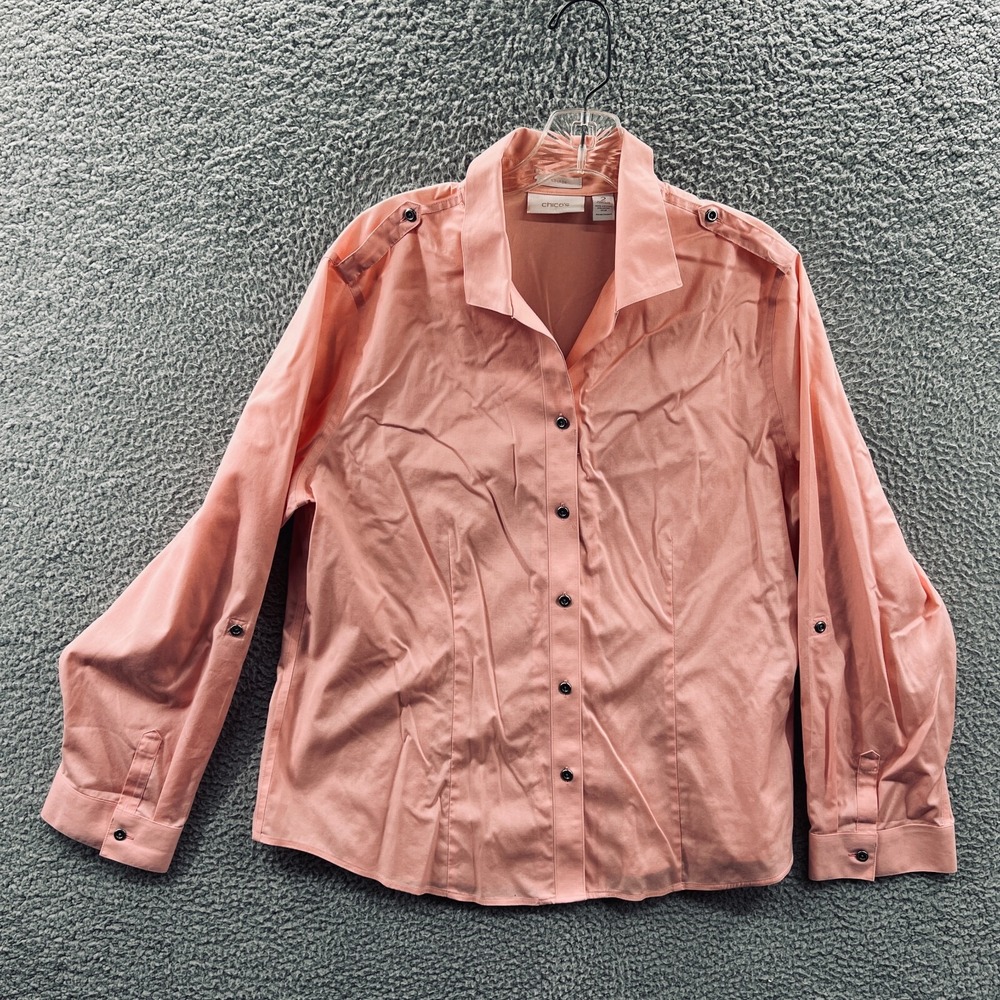 Chicos Womens Button Front Shirt L Peach Utility Casual Travel Relaxed No Iron